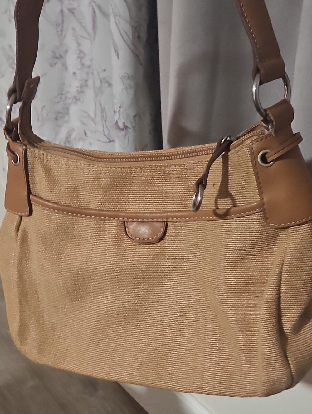 Fossil Vintage Beige Coated Canvas Hobo Shoulder Bag with Brown Leather Trim
